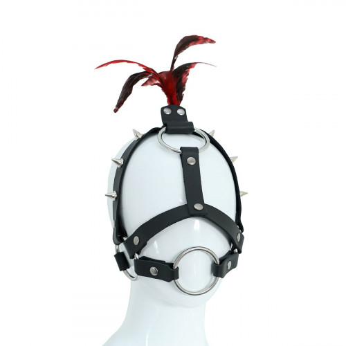 Leather Head Spiked Harness with Feather